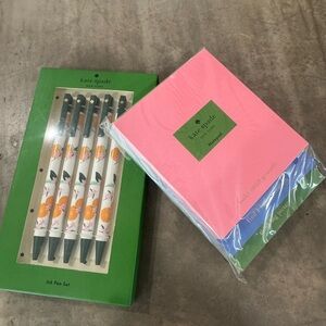 Kate Spade citrus Ink Pen Set of 5  w/ trio of Pink,Blue &green printed Notepads